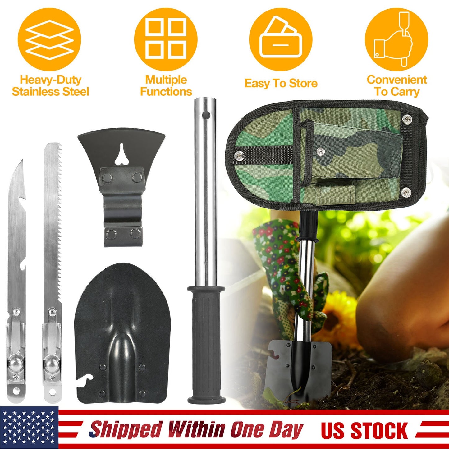 6-in-1 Multi-Tool Survival Kit with Shovel, Axe, Knife & Saw