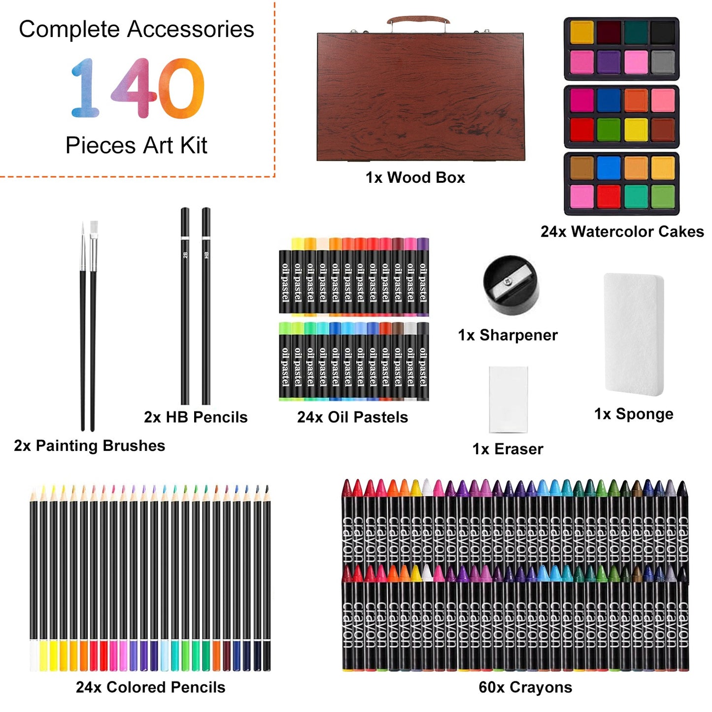 140-Piece Art Supply Set in Wooden Box with Pencils & Paints