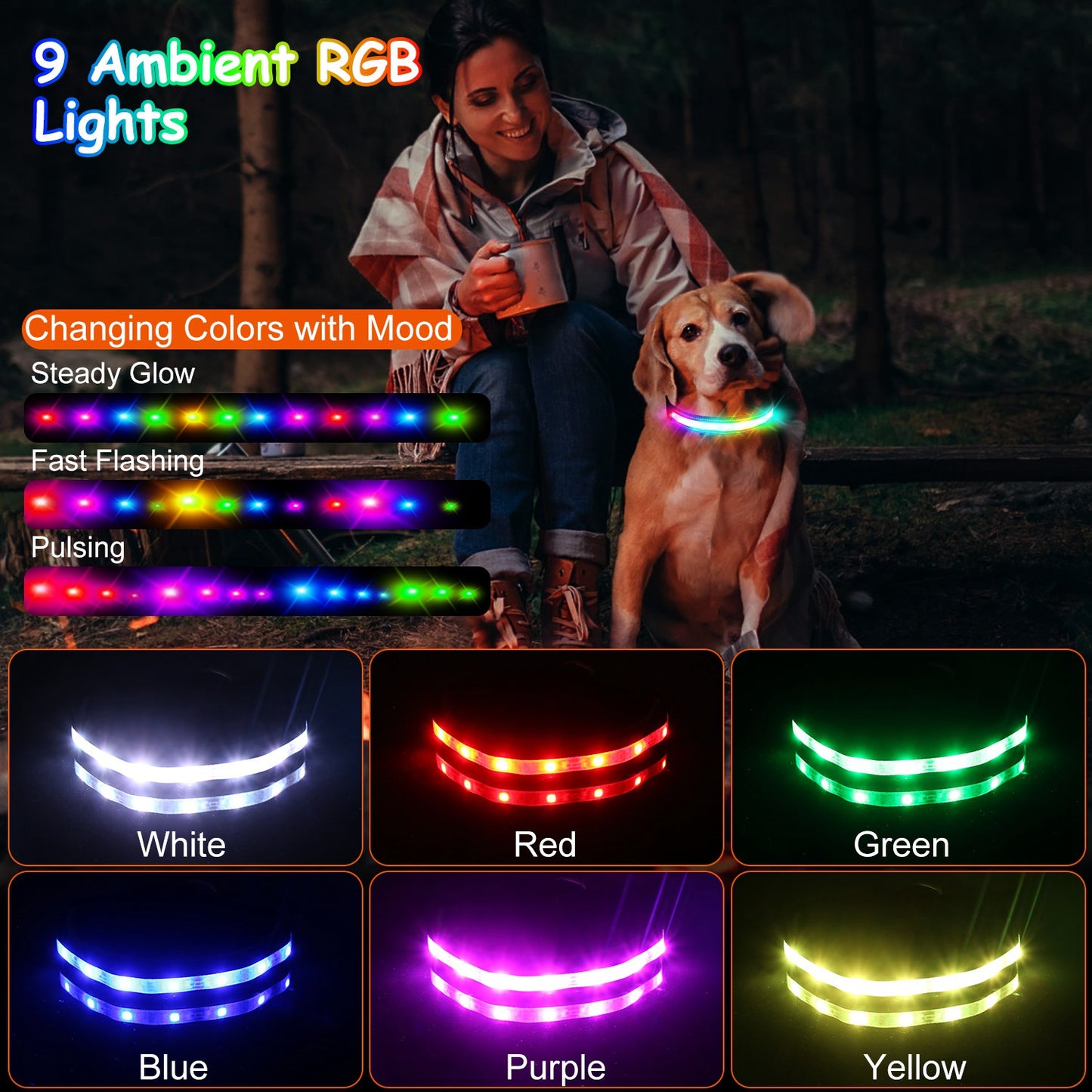 LED Dog Collar with 9 Light Colors - USB Rechargeable Waterproof