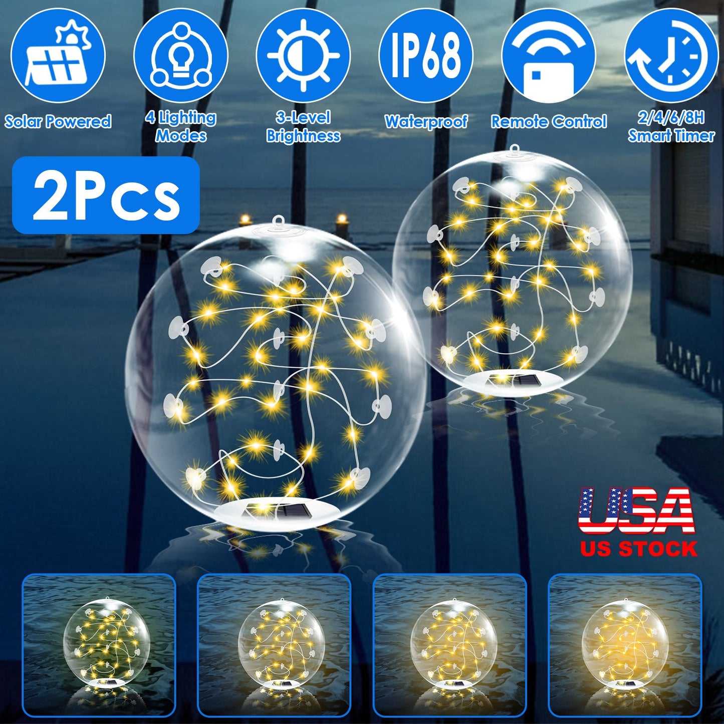 Solar Floating Pool Lights 14in with Remote Control (2-Pack)