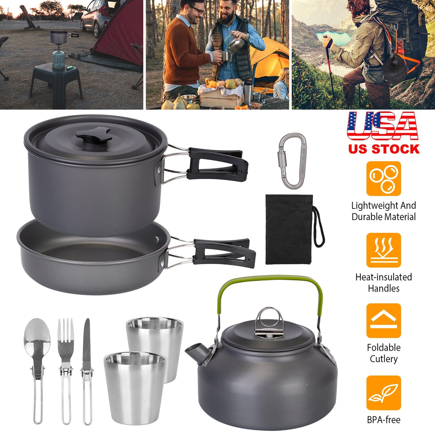 Camping Cookware Set 12-Piece with Pot, Pan & Kettle