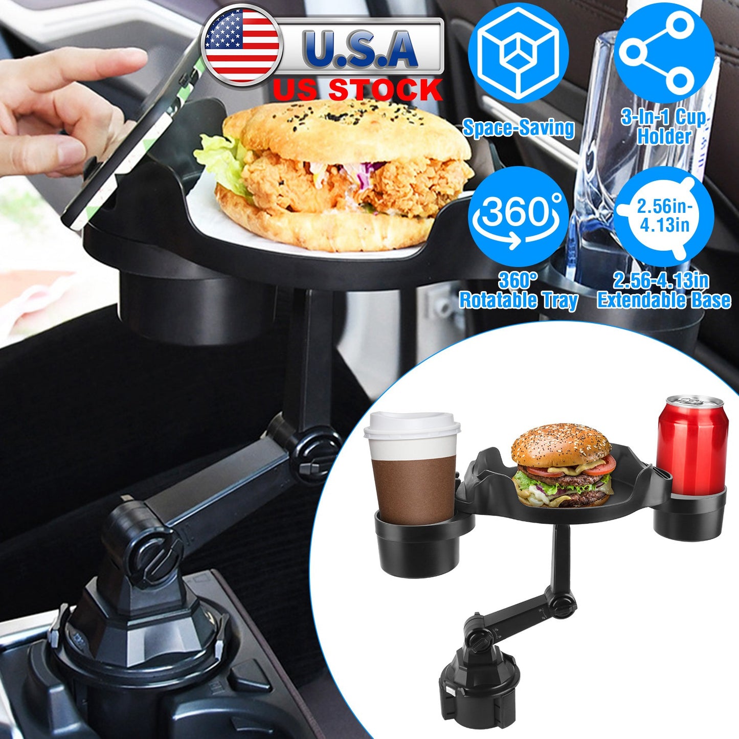 Car Cup Holder Expander with 360° Rotating Tray & Phone Slot