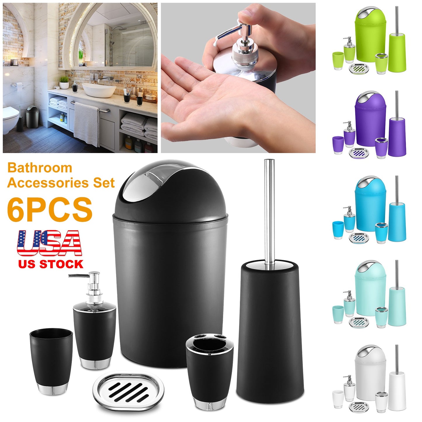 6-Piece Bathroom Accessories Set with Soap Dispenser & Brush