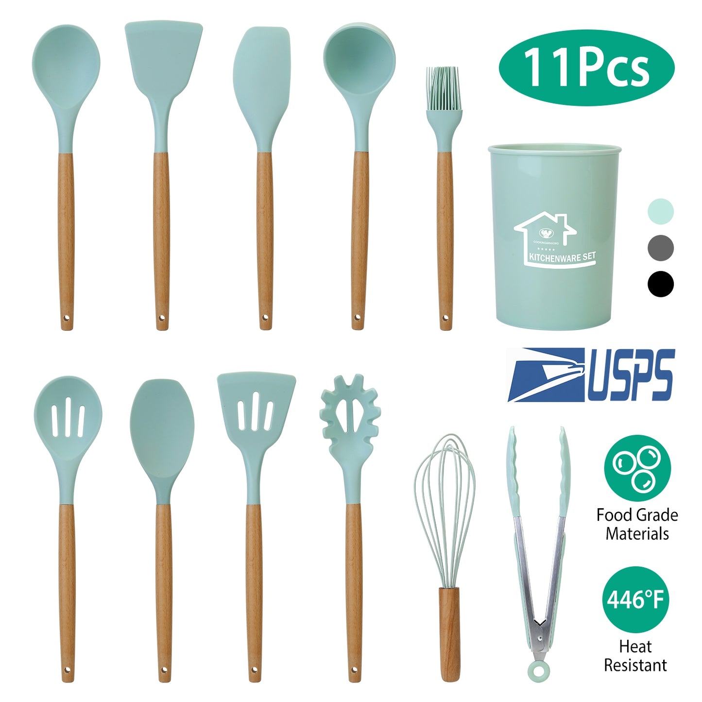 Silicone Cooking Utensil Set, 11-Piece with Wooden Handles