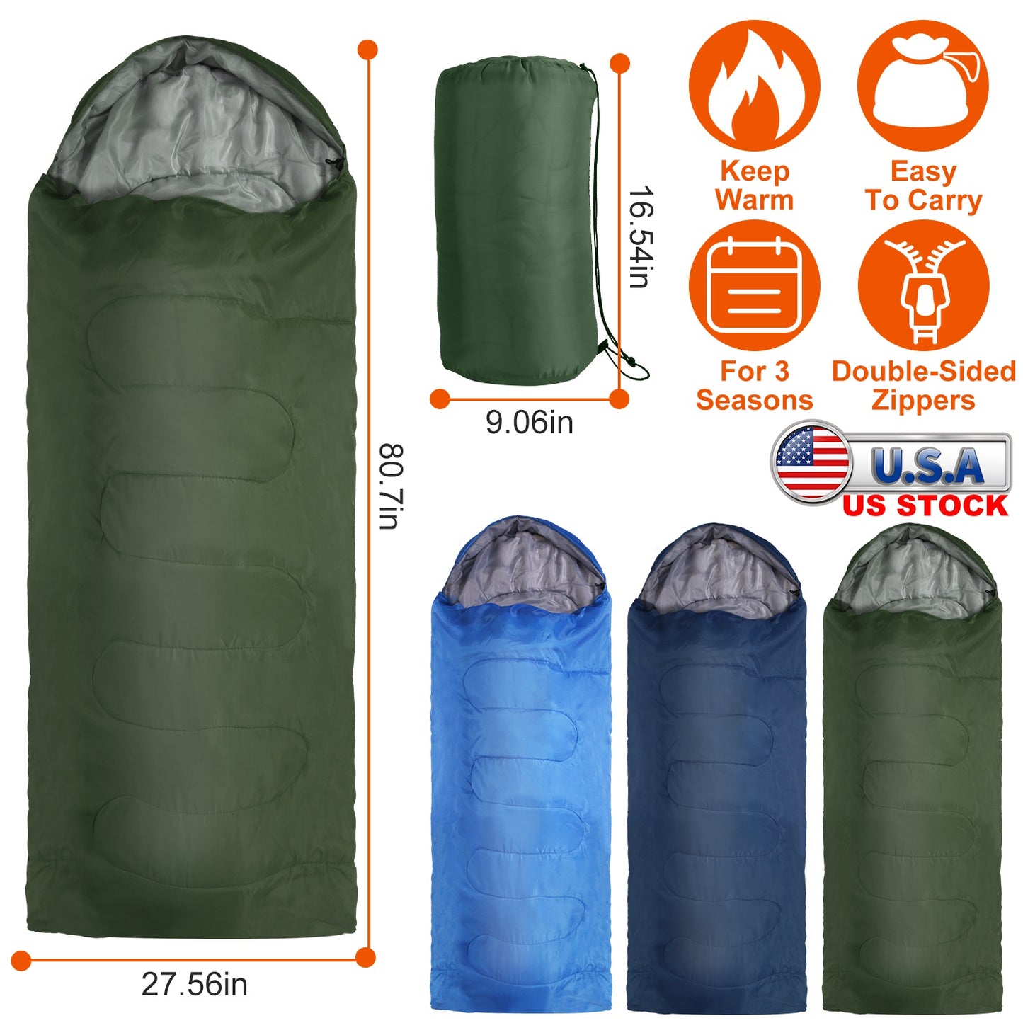3-Season Sleeping Bag for Adults with Carry Bag 32-50°F