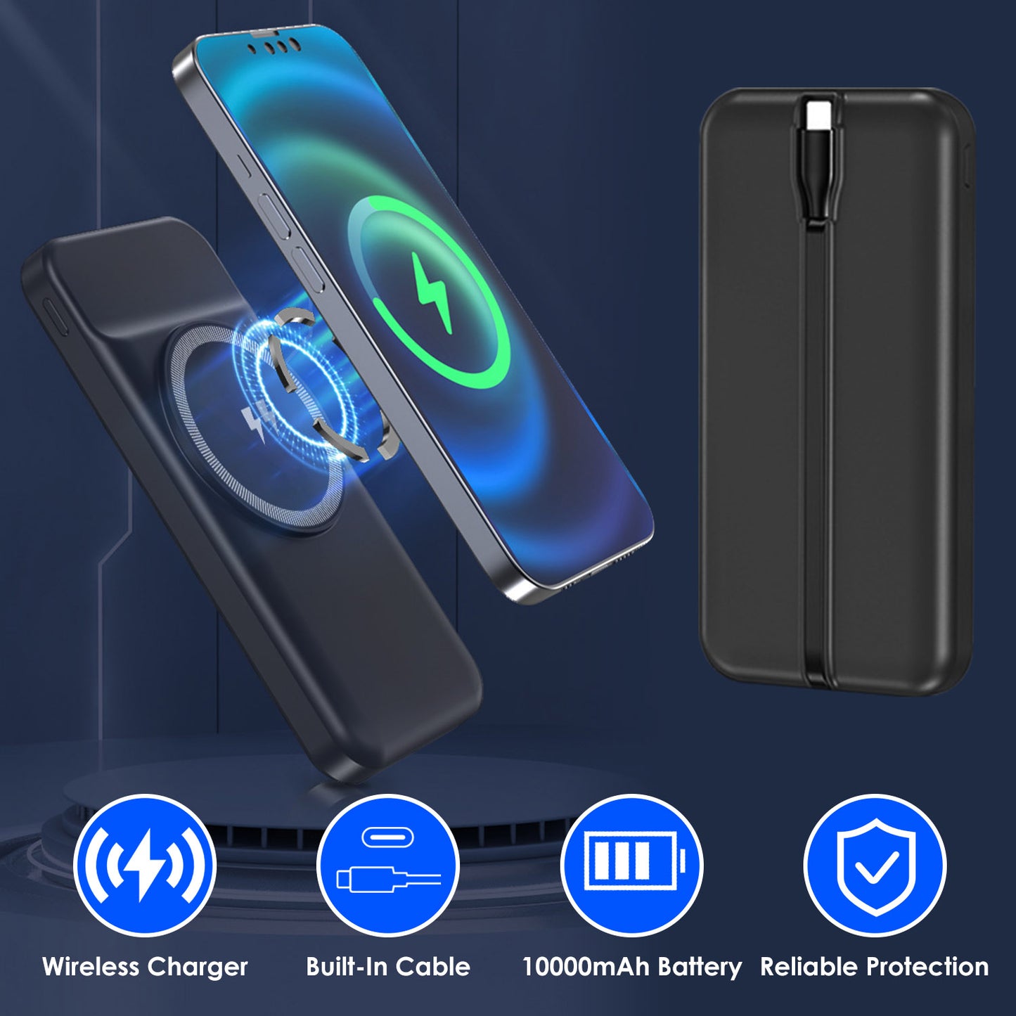 10000mAh Magnetic Wireless Power Bank with Built-In Cable