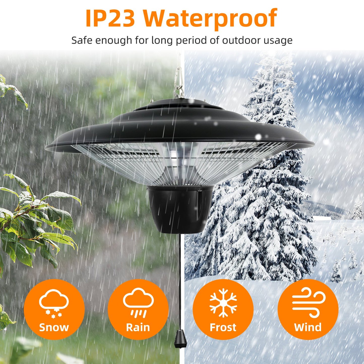1500W Hanging Patio Heater with IP23 Waterproof & 2 Heat Levels