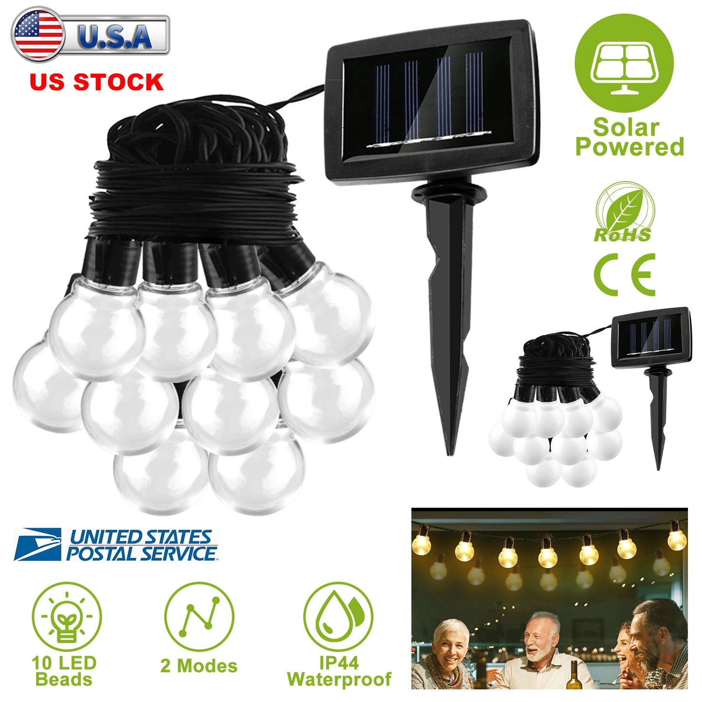 Solar String Lights with 10 LED Bulbs for Outdoor Decor