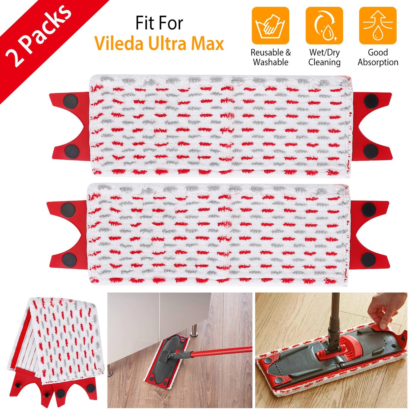 Fiber Mop Pads for Vileda Ultra Max – 2 Pack Washable