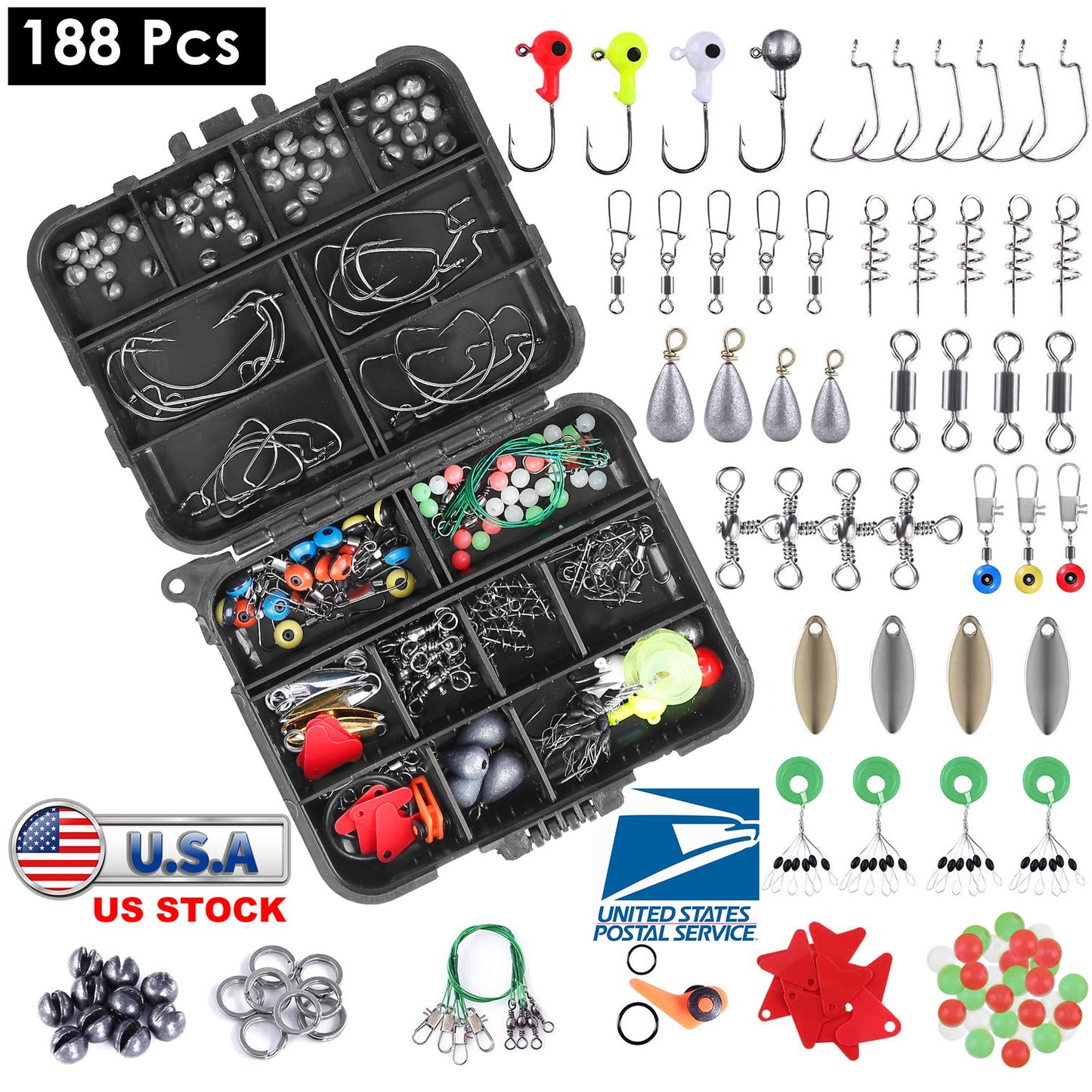 188-Piece Fishing Tackle Kit with Hooks, Weights & Storage Box