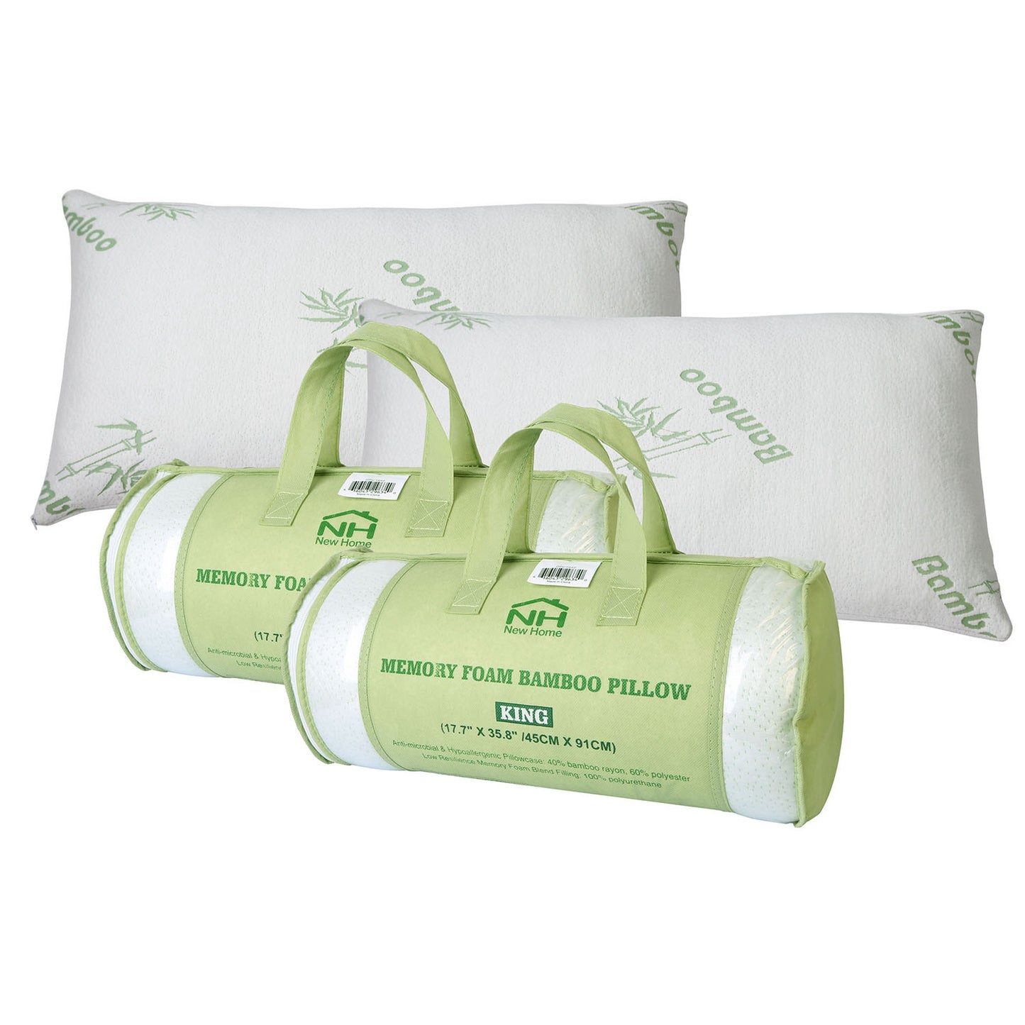 Memory Foam Pillow Set with Bamboo Cover - Queen Size (2-Pack)