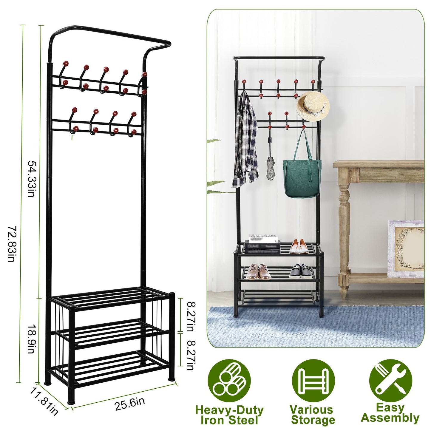 Entryway Hall Tree with Shoe Bench and 18 Hooks