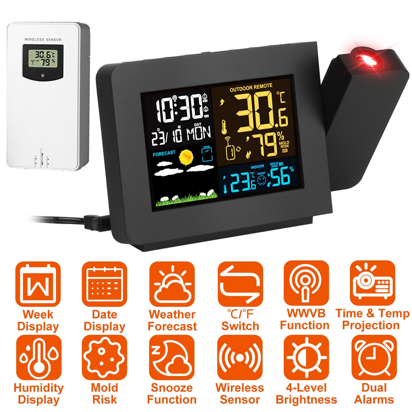Atomic Projection Alarm Clock with Weather Station & Dual Alarms