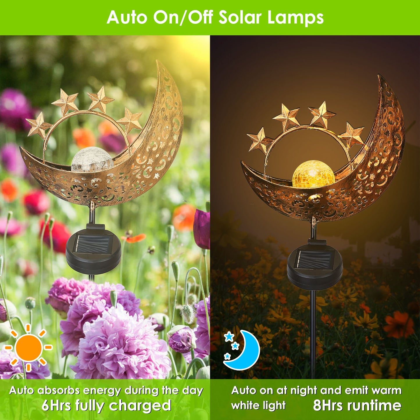 Solar Moon Star Garden Stake Light with Crackle Glass Globe