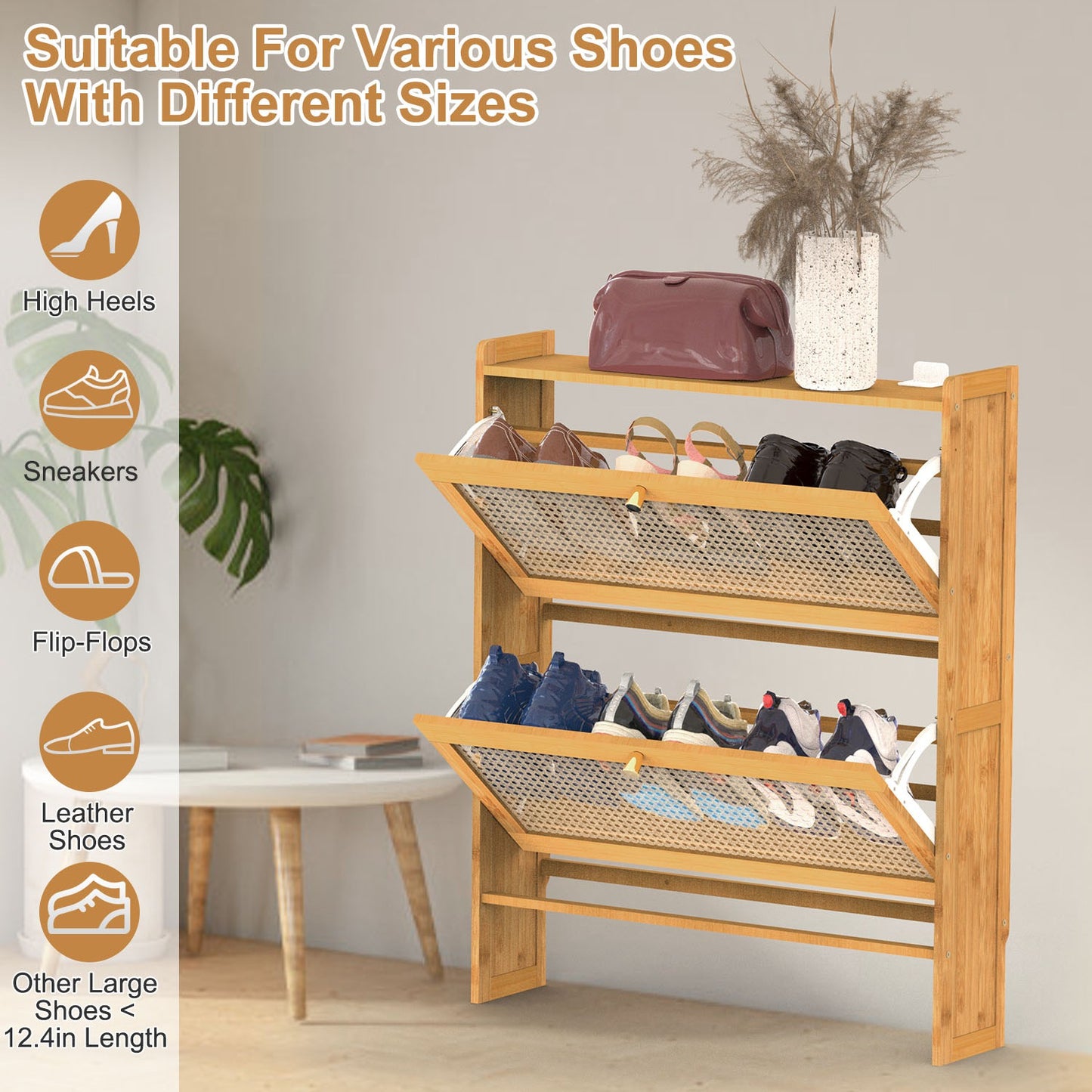 2-Tier Bamboo Shoe Cabinet with Flip Drawers for Entryway