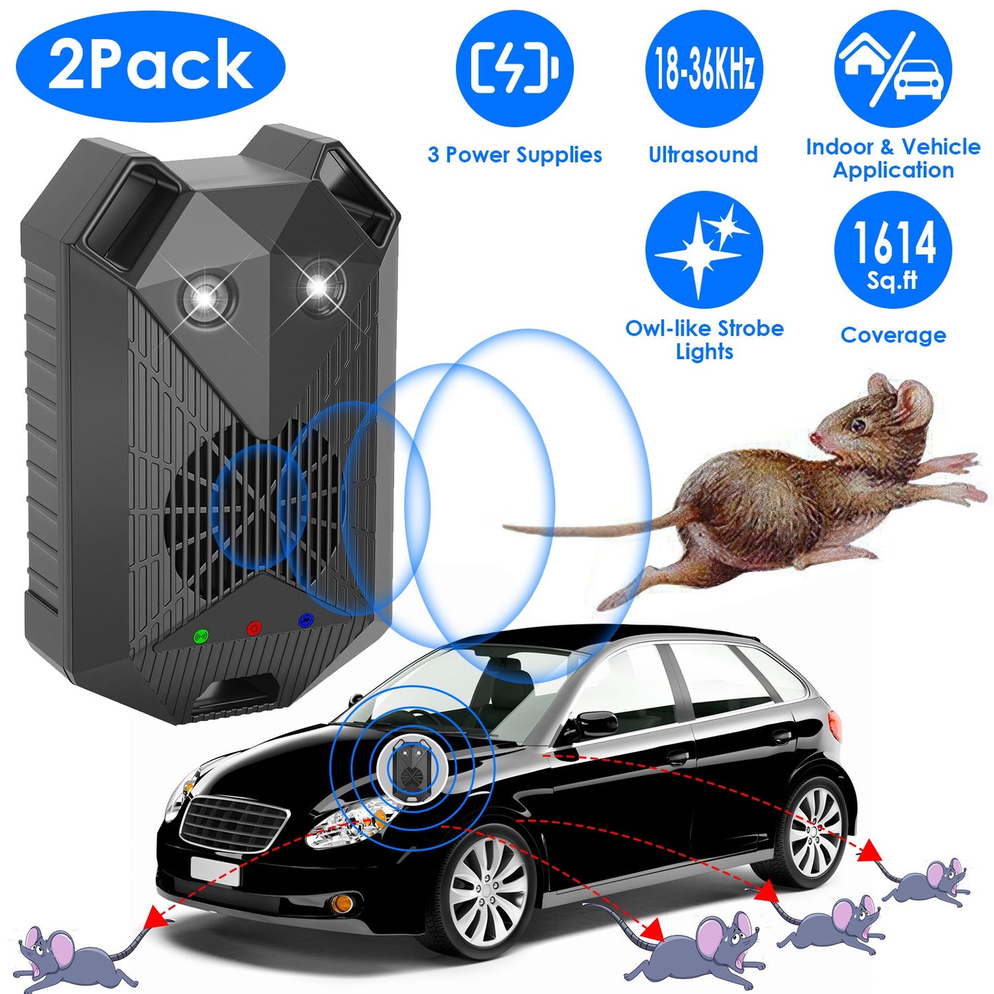 Ultrasonic Rodent Repeller 2-Pack for Vehicles with Strobe Light