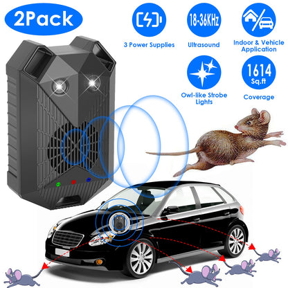 Ultrasonic Rodent Repeller 2-Pack for Vehicles with Strobe Light