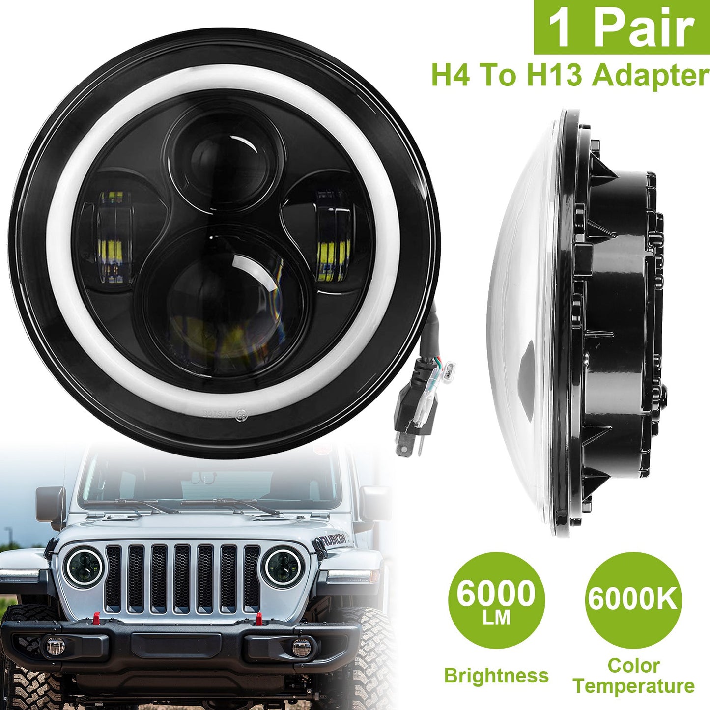 7" Round LED Headlights with Halo Angel Eyes for Jeep Wrangler