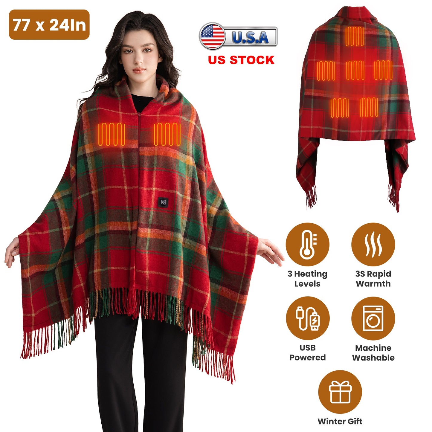 USB Heated Shawl with 3 Heat Levels and Zipper