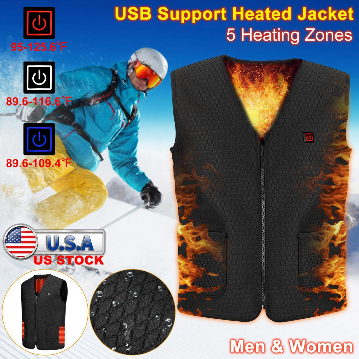 USB Heated Vest with 5 Heating Zones - 3 Temperature Settings