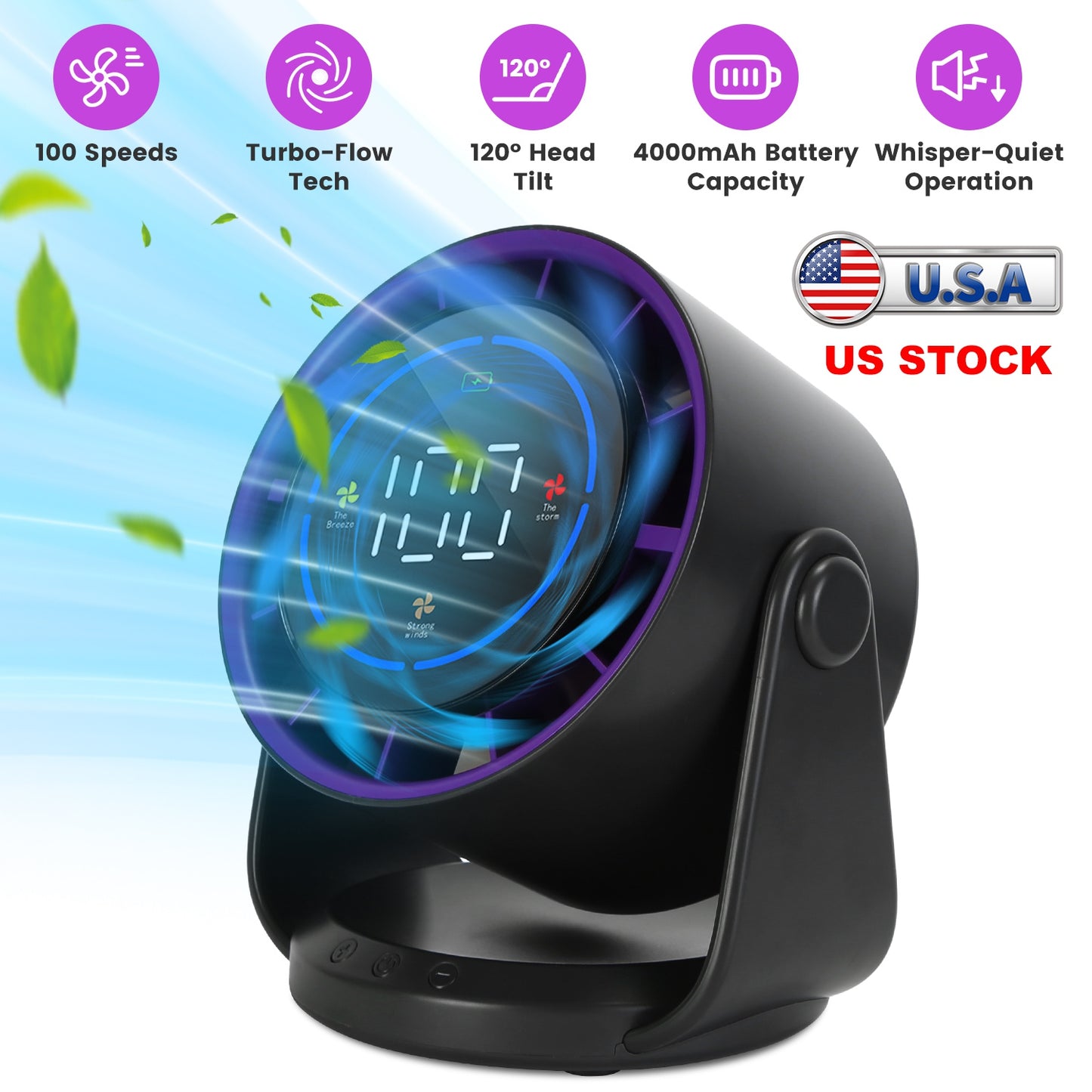 Rechargeable Desk Fan with 100 Speed Settings & Wall Mount