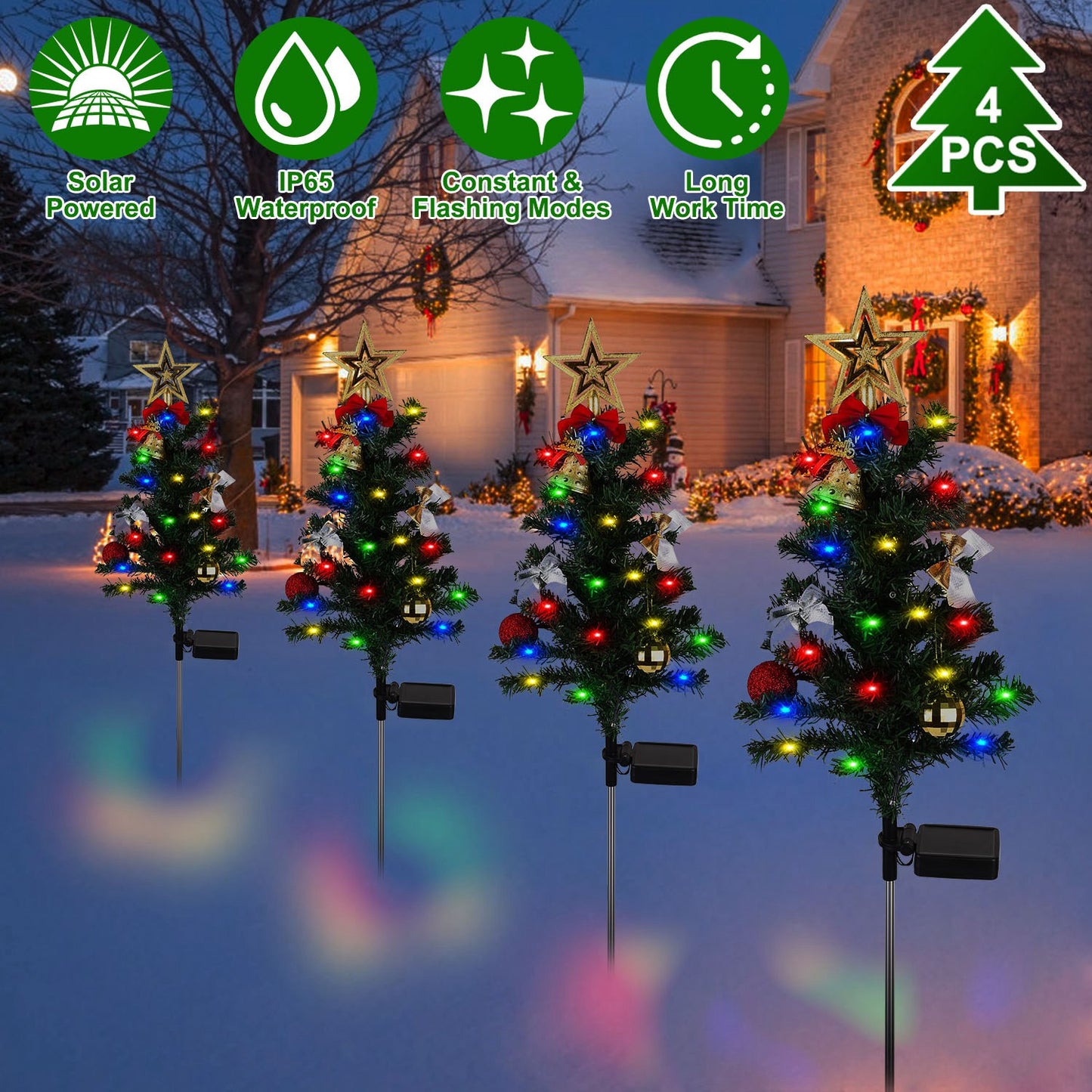 Solar Christmas Tree Lights 4-Pack with Ornaments & Stakes