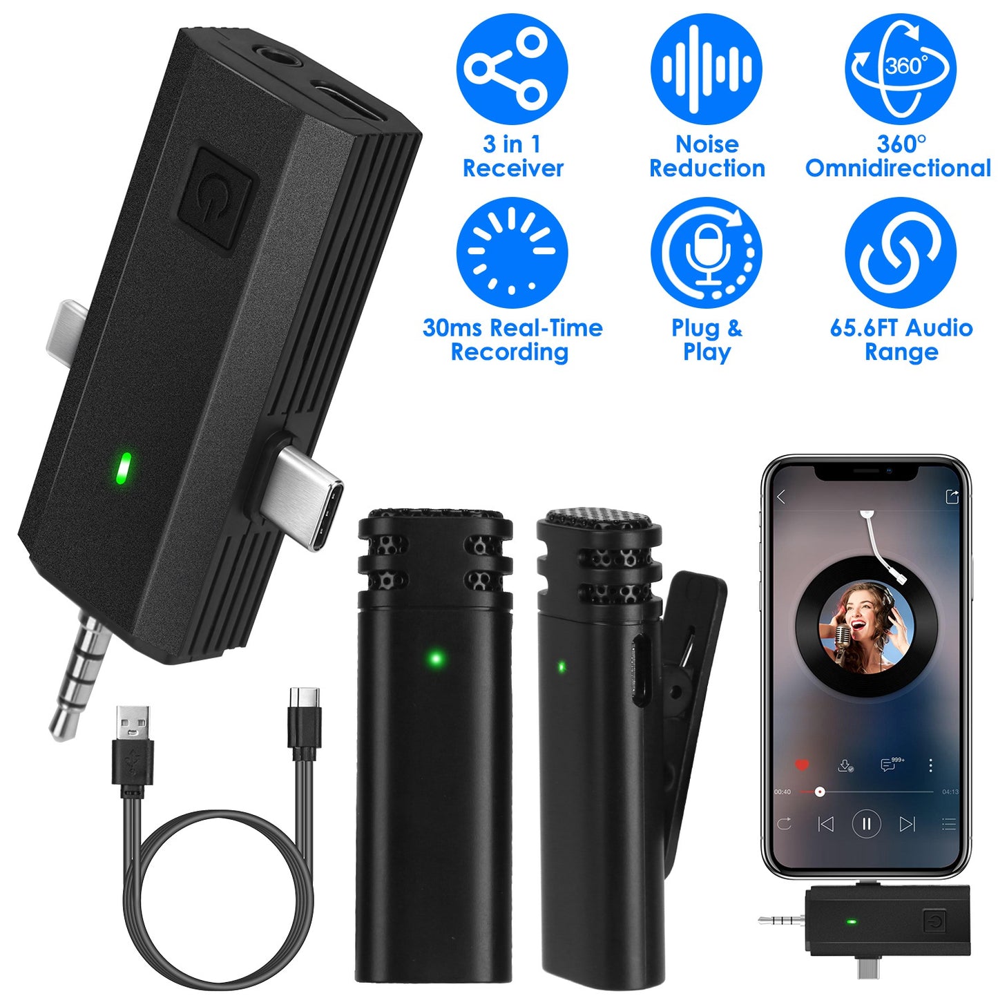 Wireless Clip-On Microphone with 3-in-1 Receiver