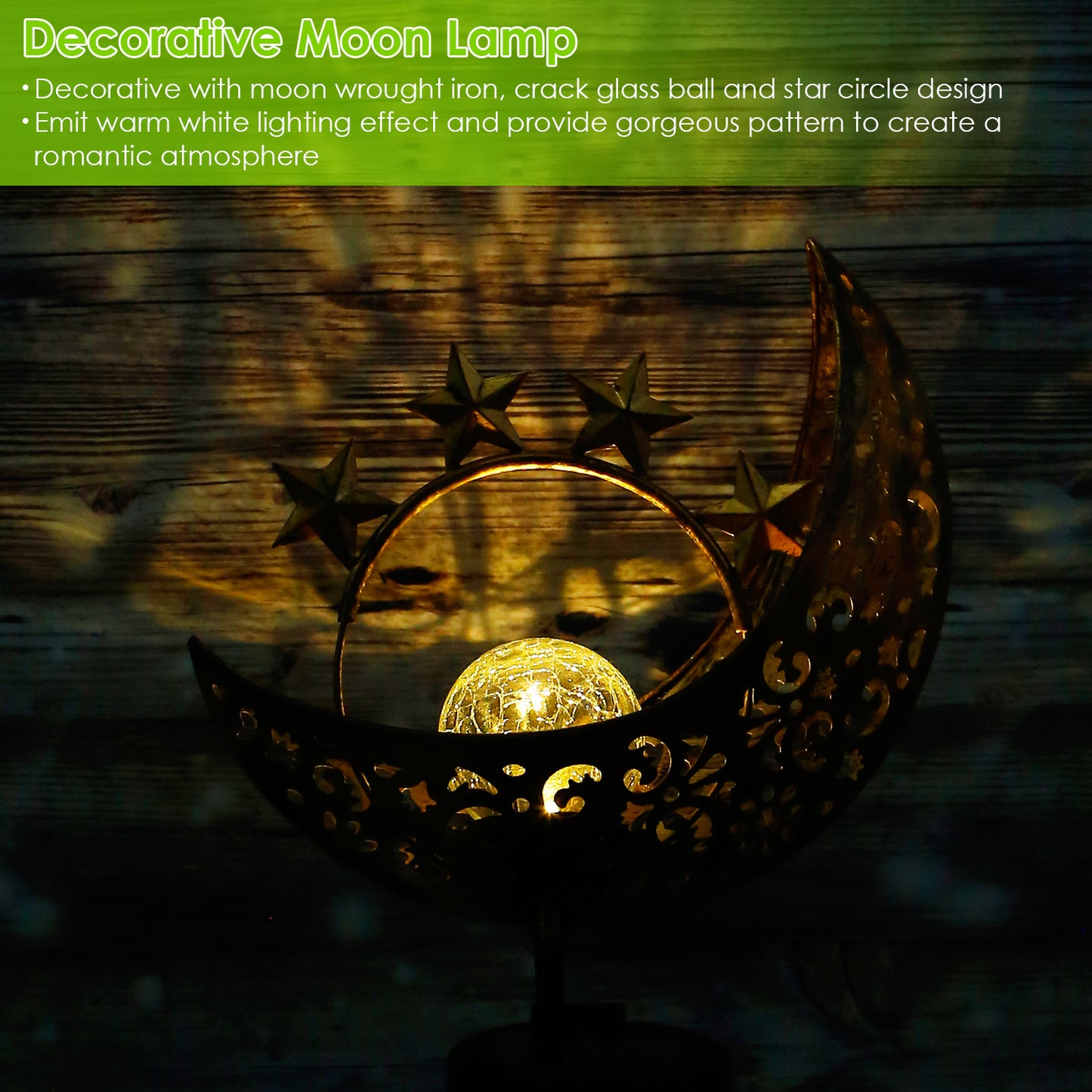 Solar Moon Star Garden Stake Light with Crackle Glass Globe