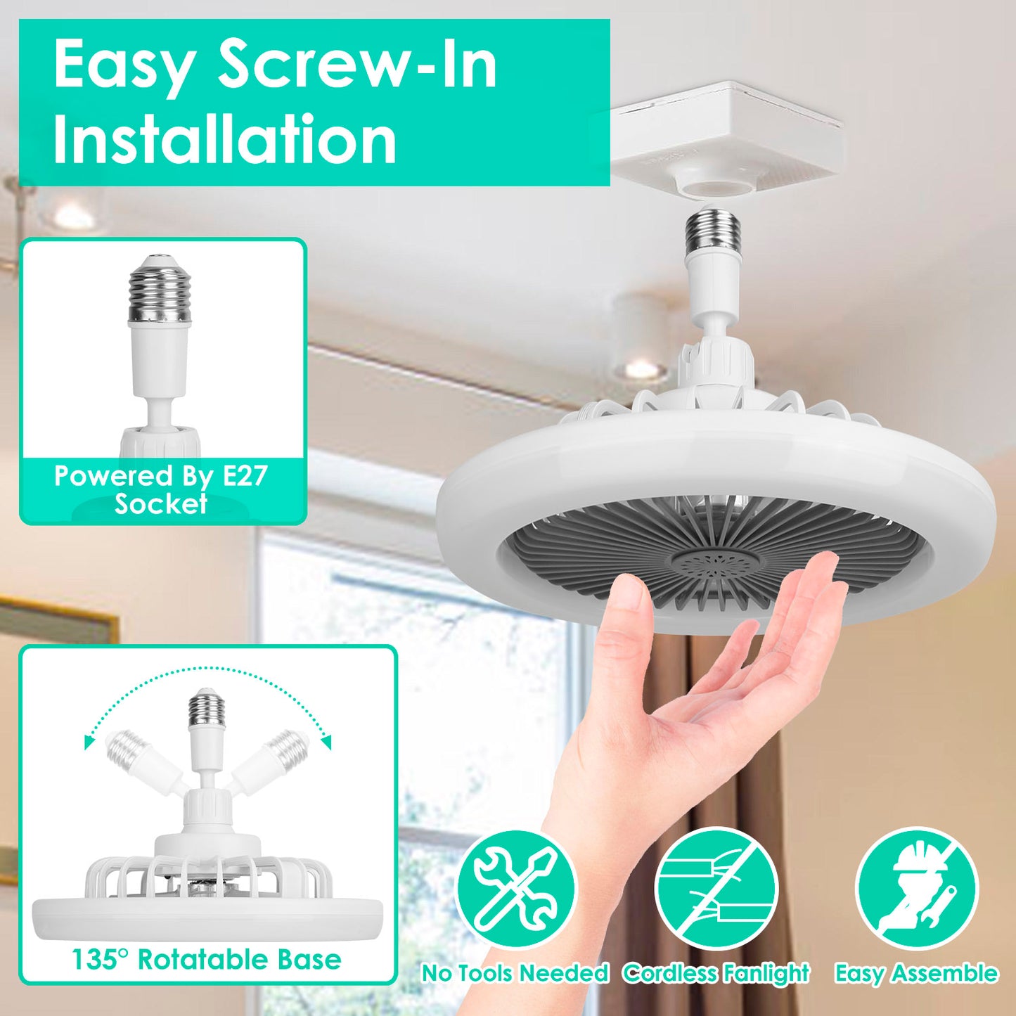 E27 Socket Ceiling Fan with Dimmable LED Light & Remote