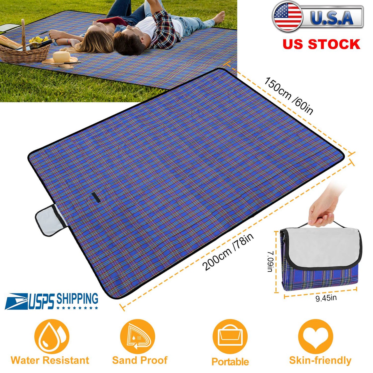 Waterproof Picnic Blanket 60x78 with Carrying Strap