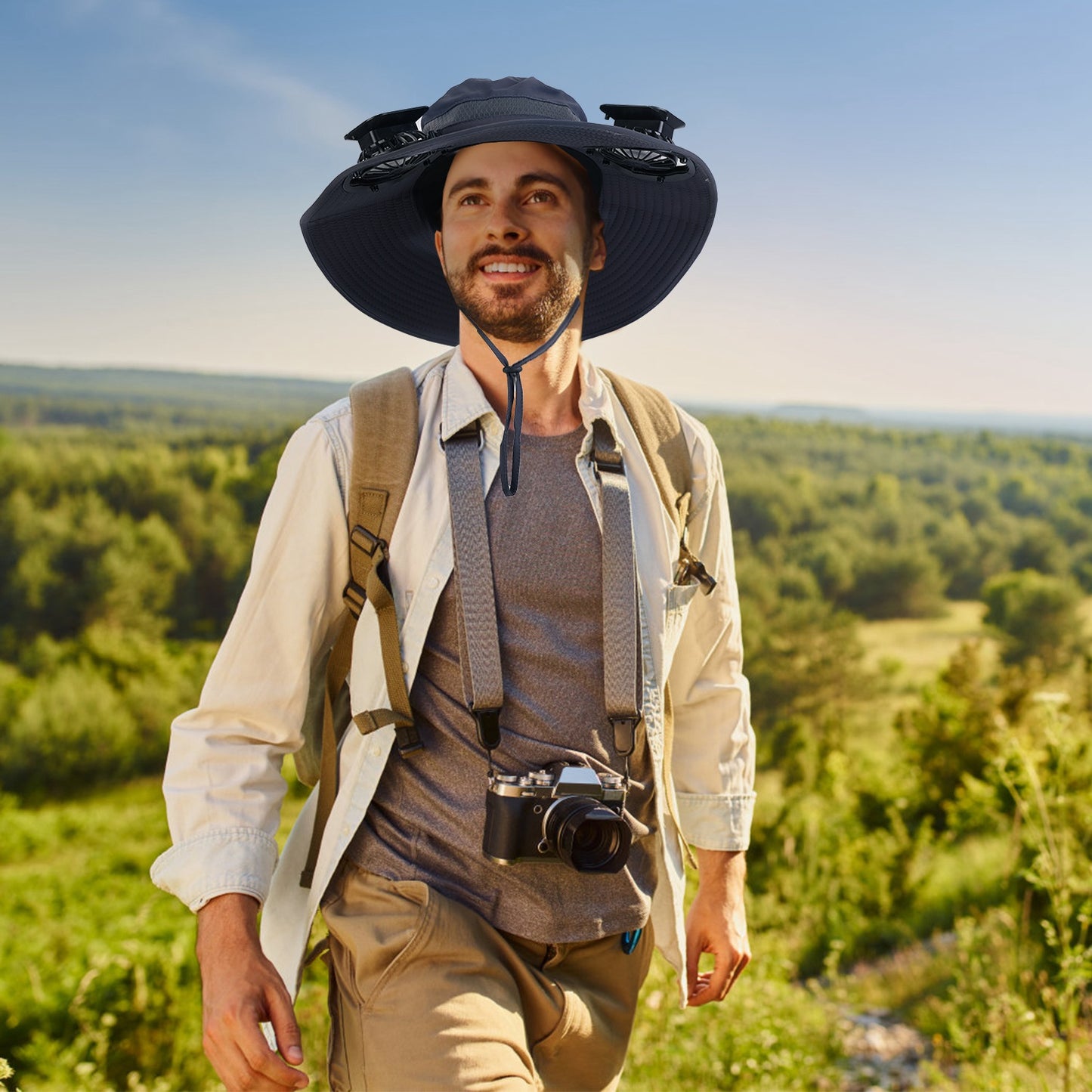 Wide Brim Sun Hat with Dual Rechargeable Fans & UPF50+