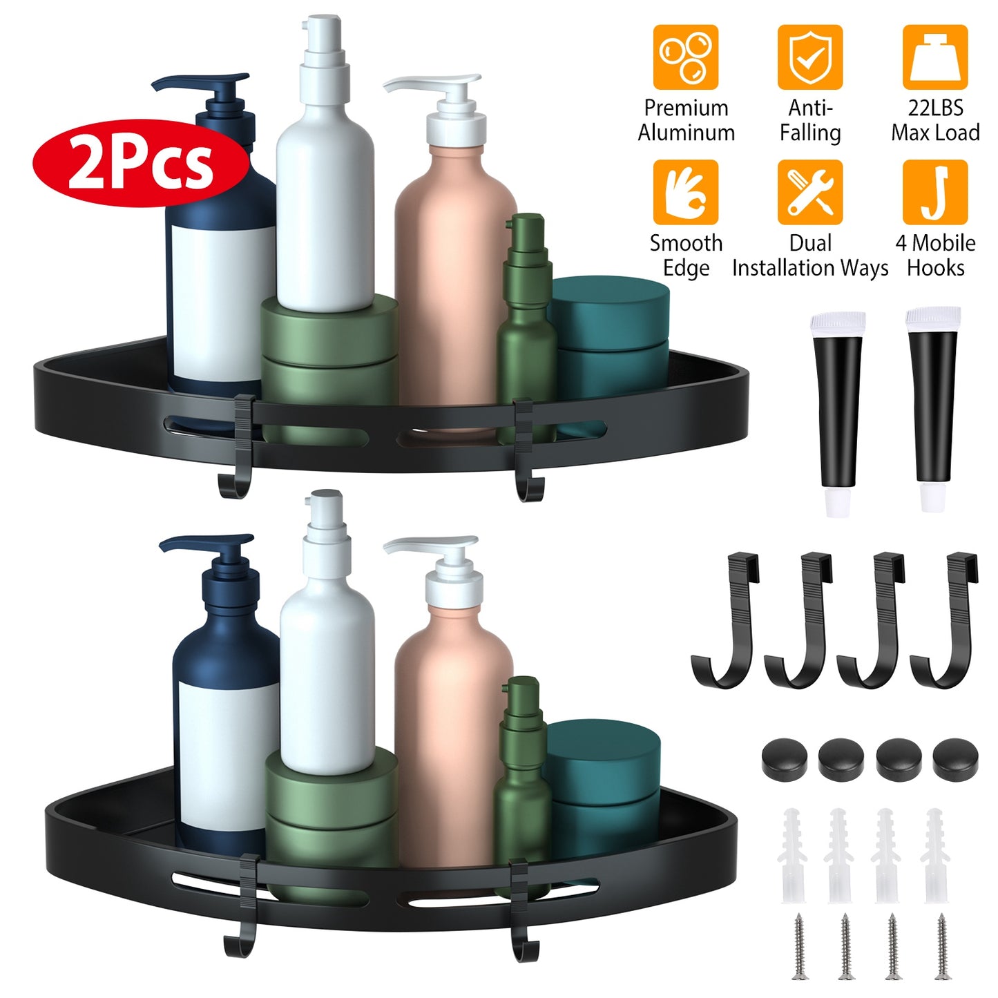 Corner Shower Caddy Shelf 2-Pack - Adhesive Wall Mount Aluminum