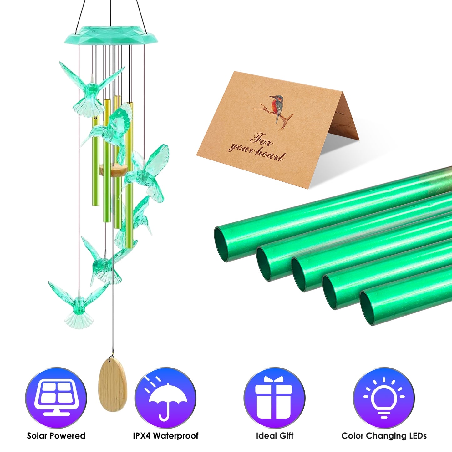 Solar Wind Chime with Color-Changing LED Lights & Aluminum Tubes