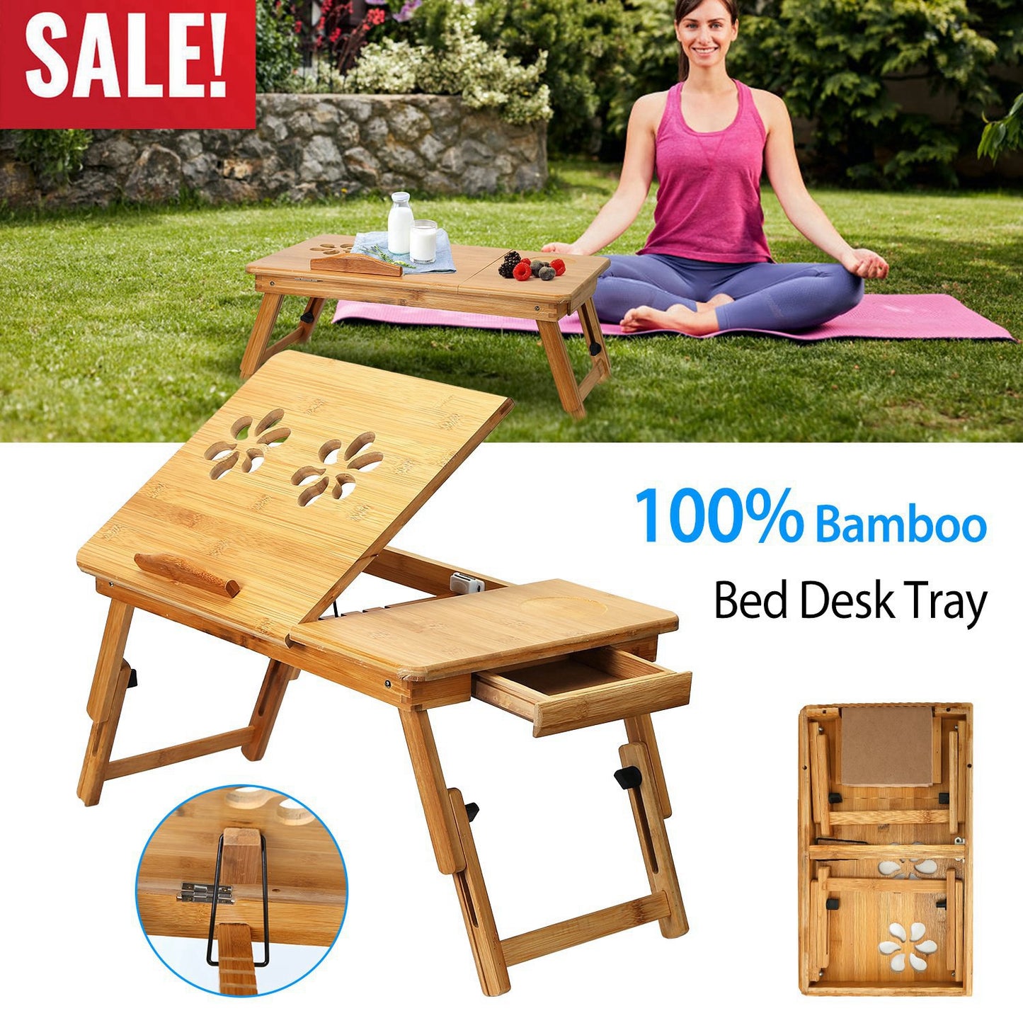 Bamboo Laptop Desk with Adjustable Legs and Storage Drawer