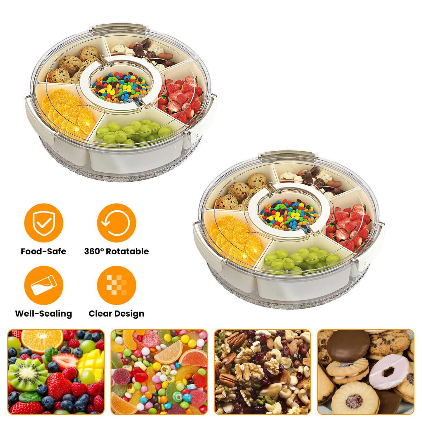 Divided Serving Tray with Lid - 6 Compartments, Rotatable