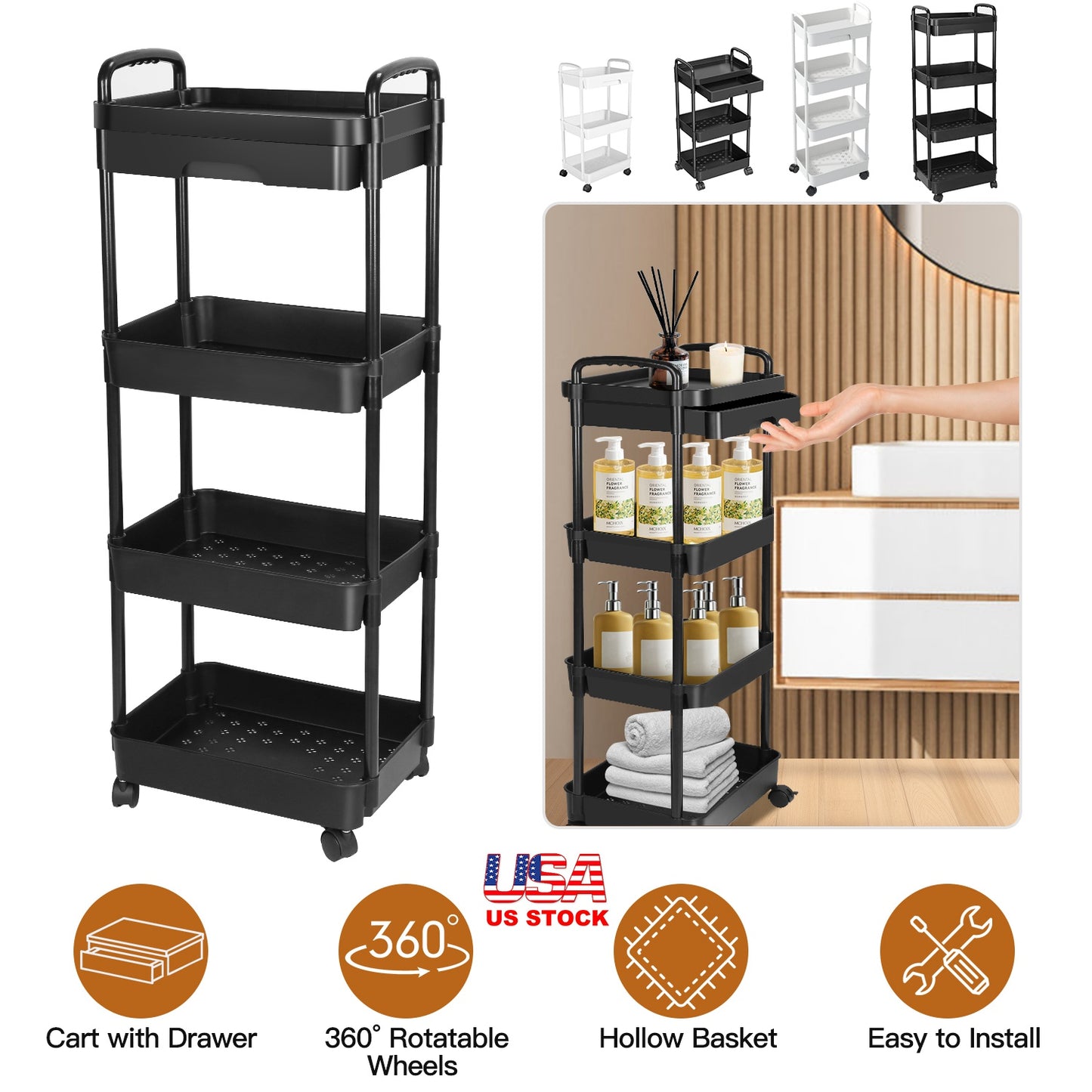 3-Tier Rolling Utility Cart with Drawer and Lockable Wheels
