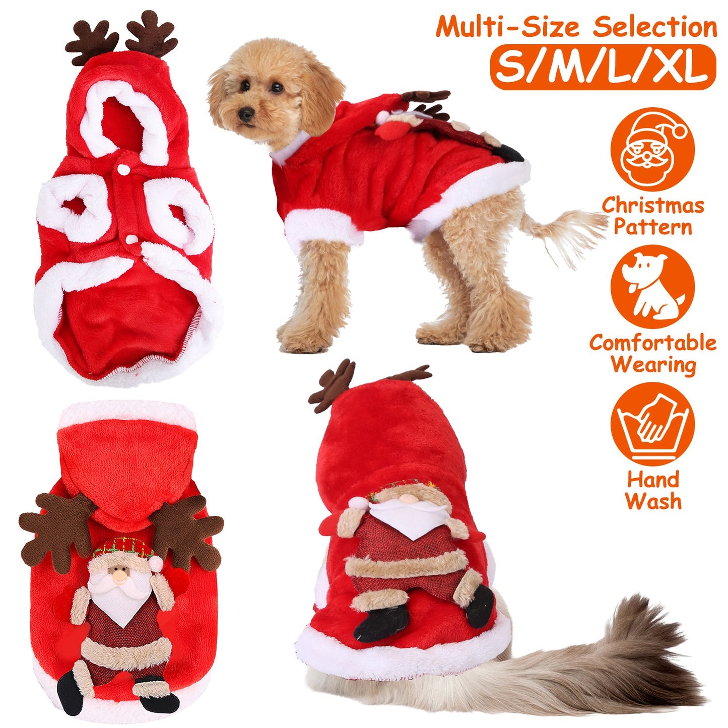 Santa Claus Pet Costume with Reindeer Antlers for Dogs & Cats
