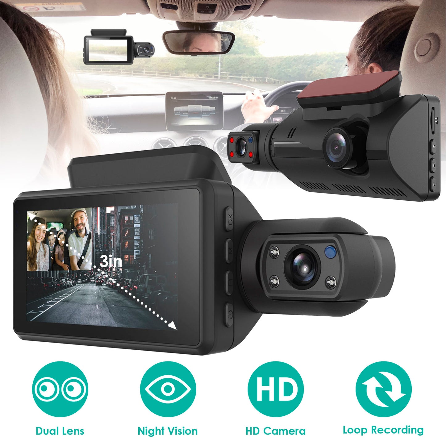 Dual Lens Dash Cam 720P Front & Interior Night Vision Camera