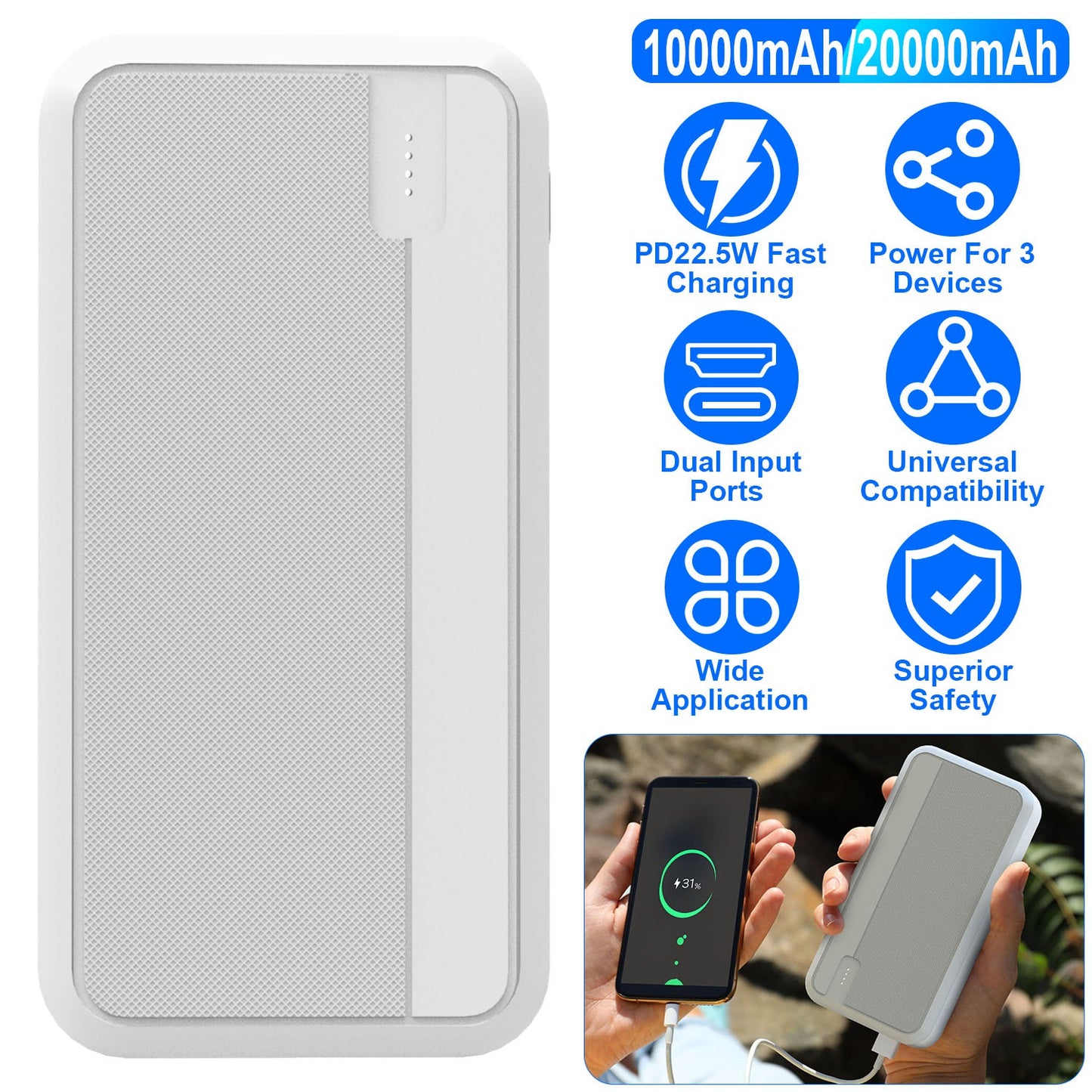 10000mAh Fast Charging Power Bank with PD 22.5W USB-C Cable