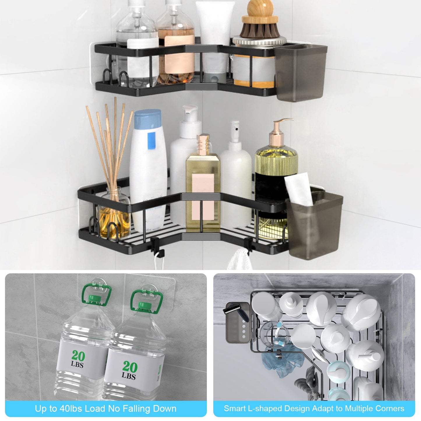 Corner Shower Caddy 2-Pack with Soap Holders & Hooks
