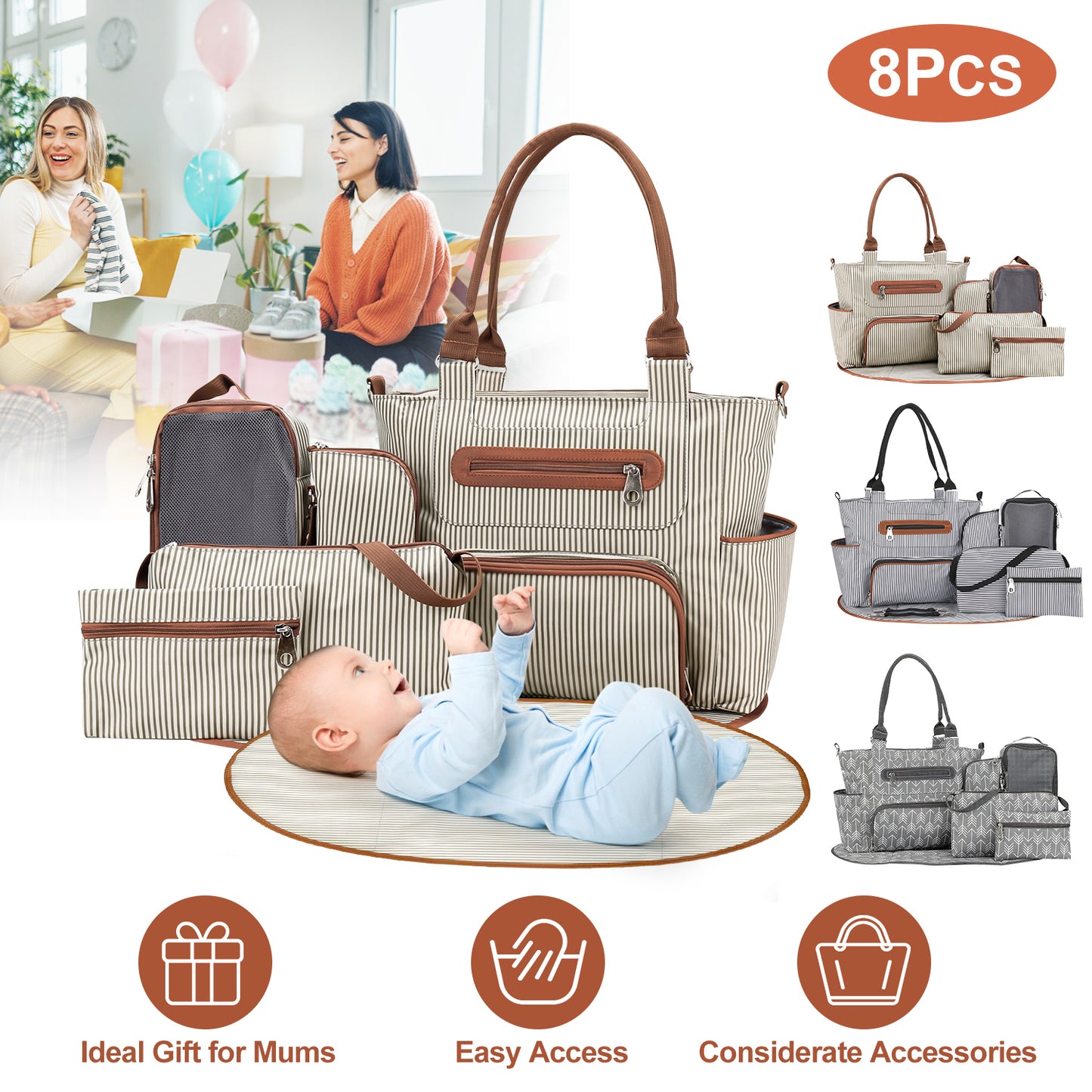 Diaper Bag Set 8-Piece with Changing Pad and Stroller Straps