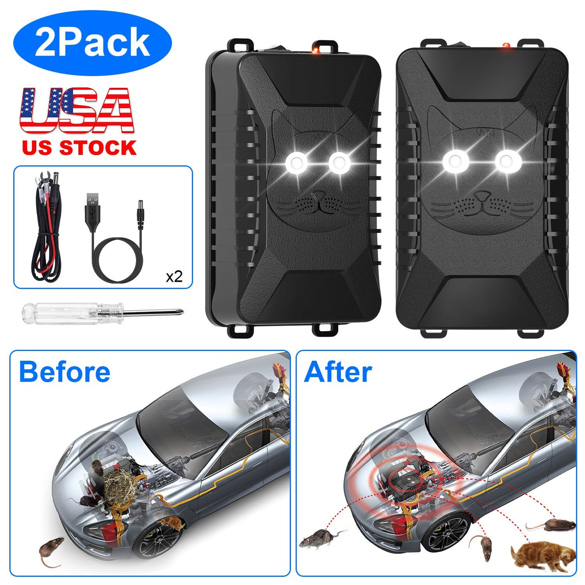 2 Packs Under Hood Ultrasonic Rodent Repellent Mouse Wildcat Control Portable Rodent Chaser with 3 Power Supplies for Car Home Garage