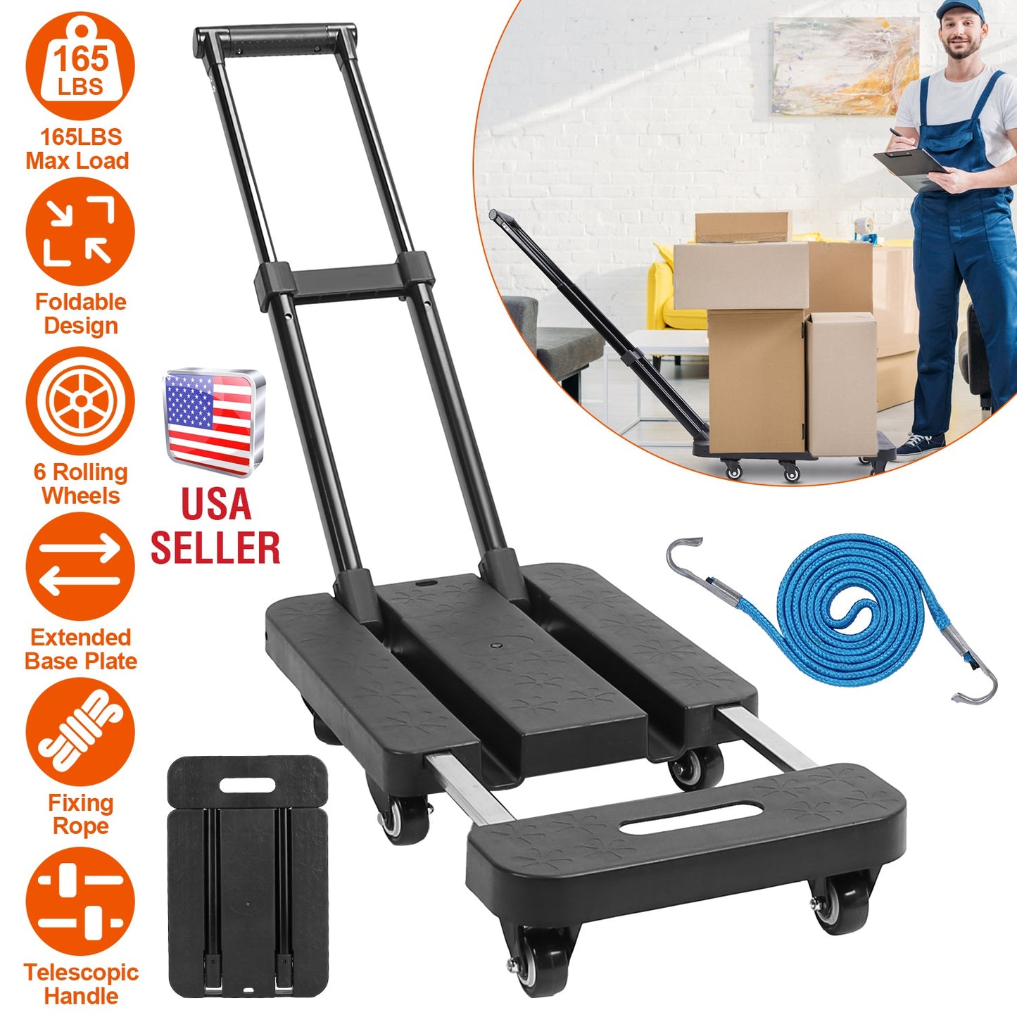 Folding Hand Truck with 165 lb Capacity & Telescopic Handle