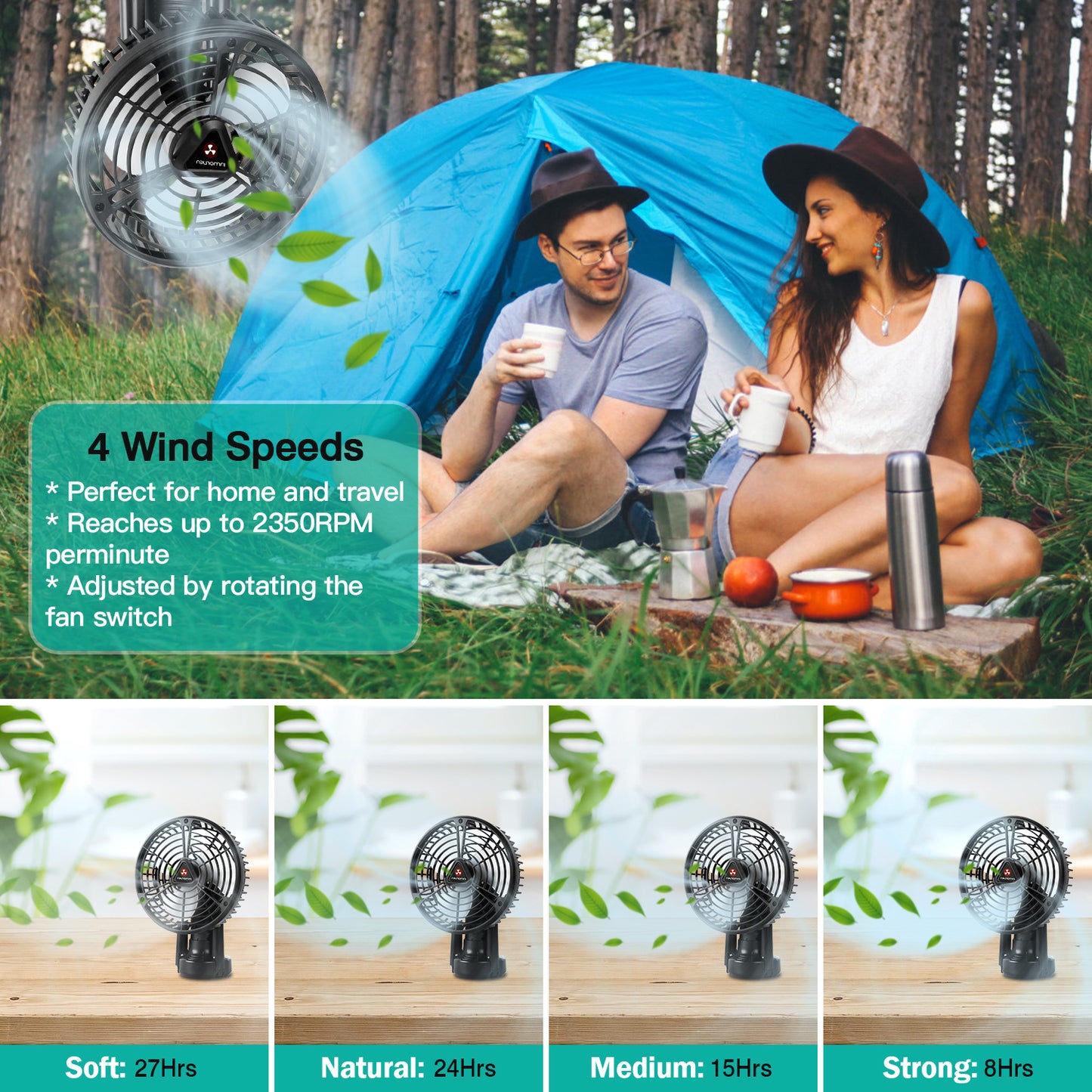 Camping Fan with LED Light & Power Bank - 270° Oscillating