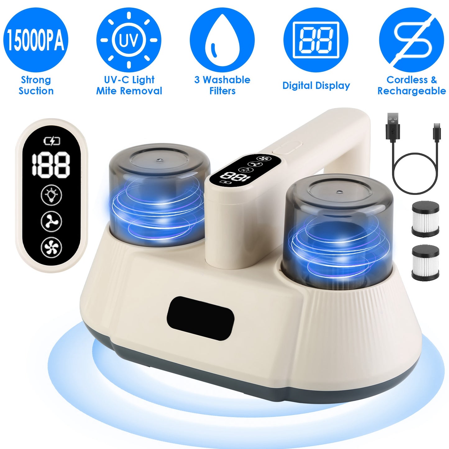 Cordless Mattress Vacuum Cleaner with UV-C Light & 15000PA Suction