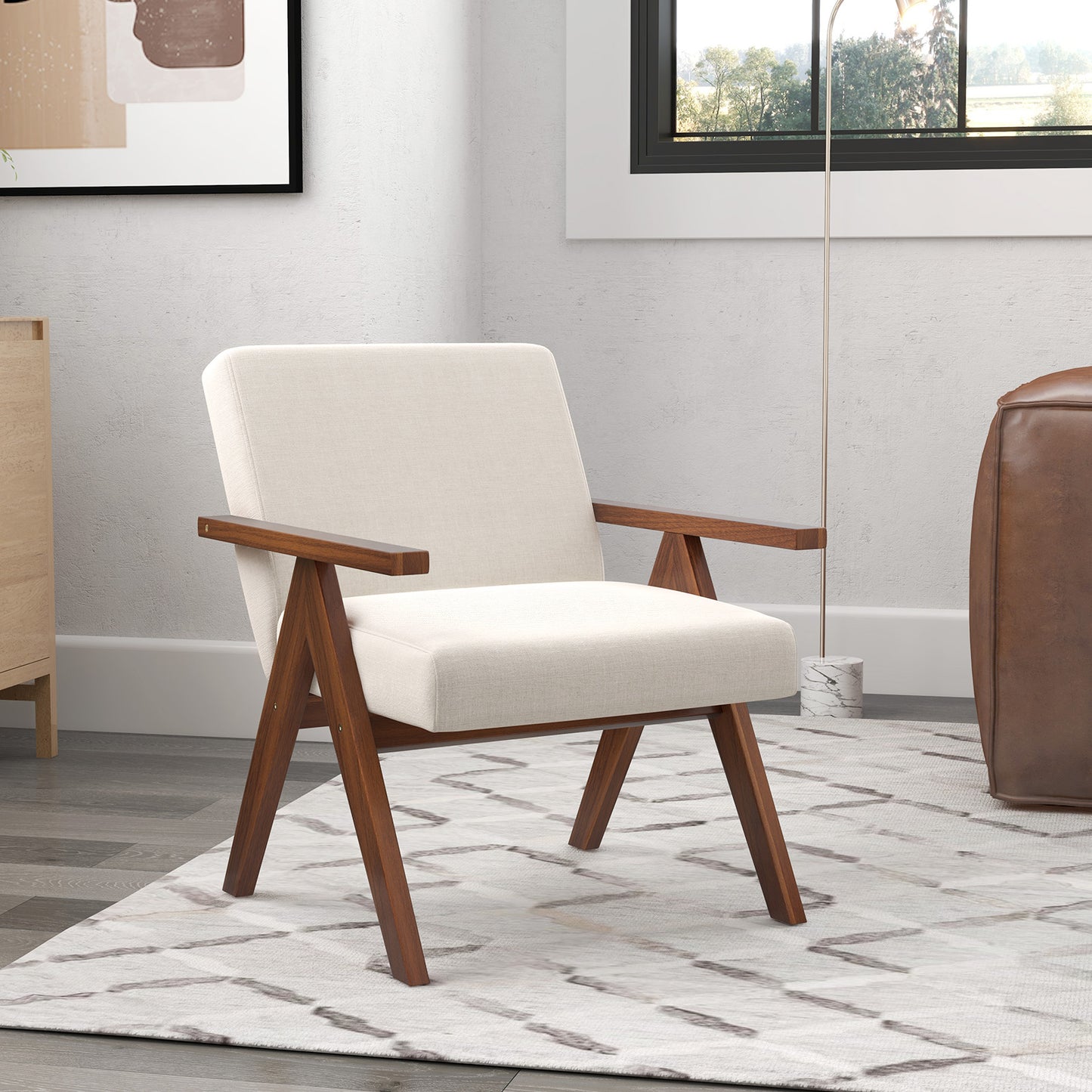 Accent Chair with Acacia Wood Frame and Linen Upholstery