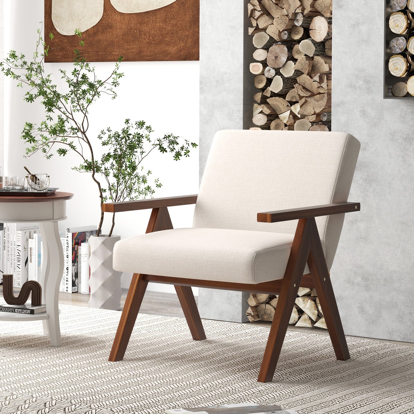 Accent Chair with Acacia Wood Frame and Linen Upholstery