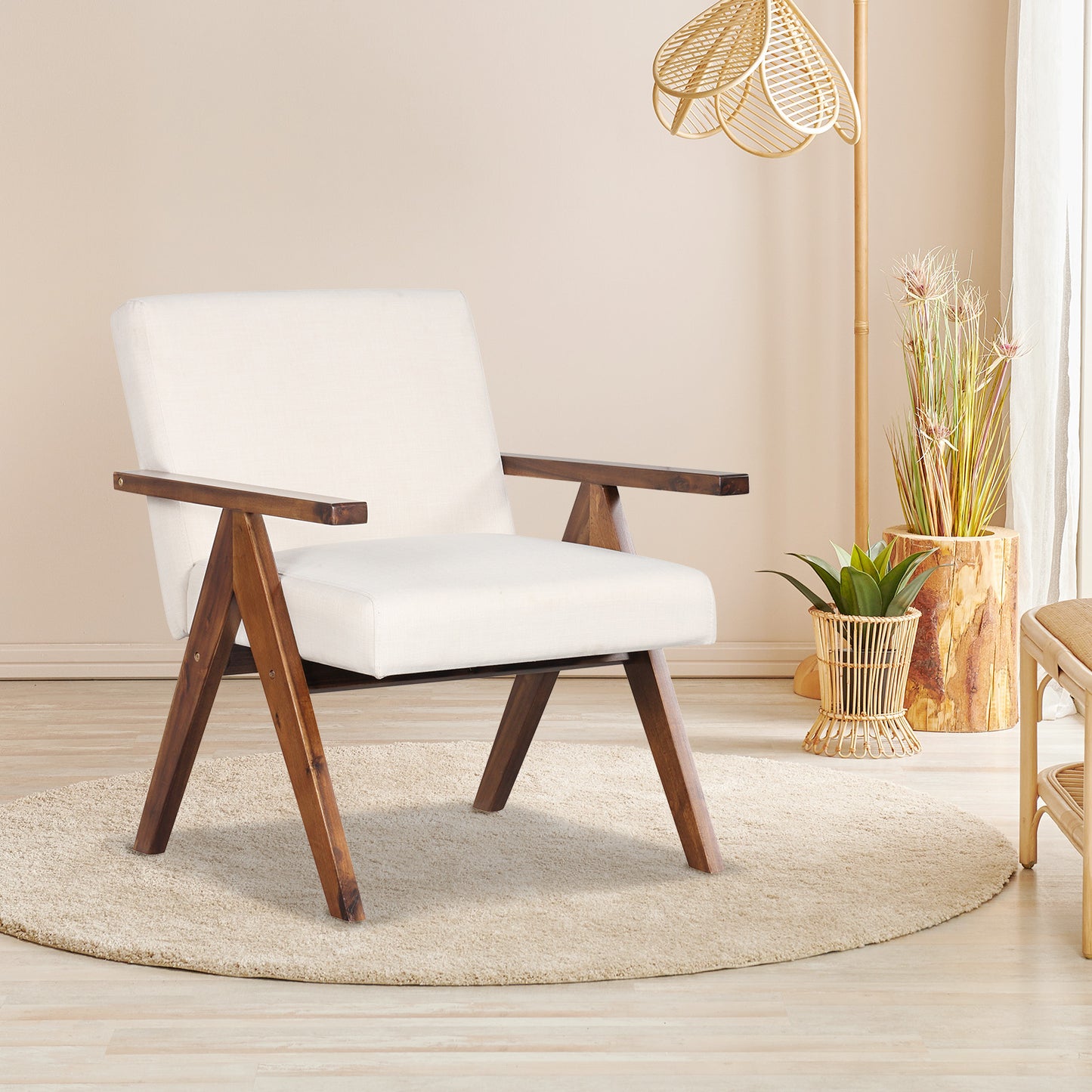 Accent Chair with Acacia Wood Frame and Linen Upholstery