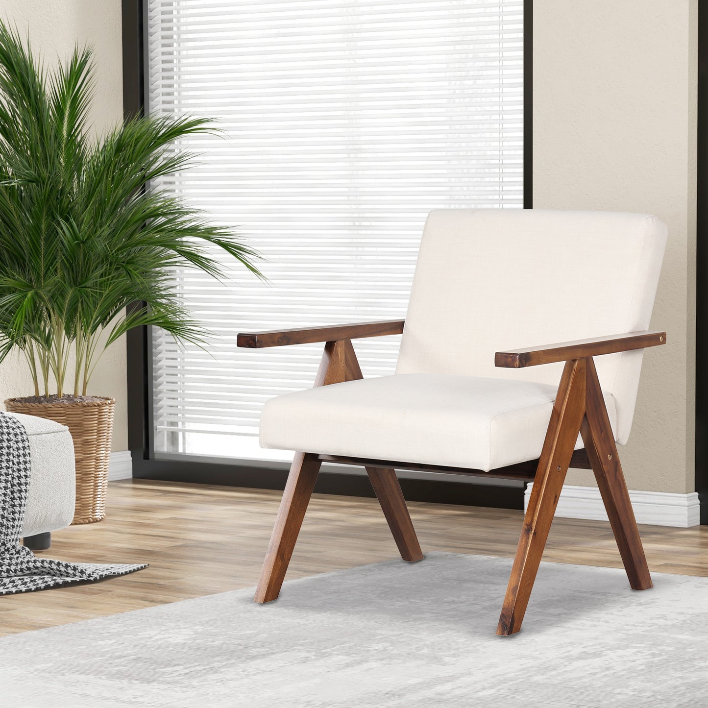Accent Chair with Acacia Wood Frame and Linen Upholstery