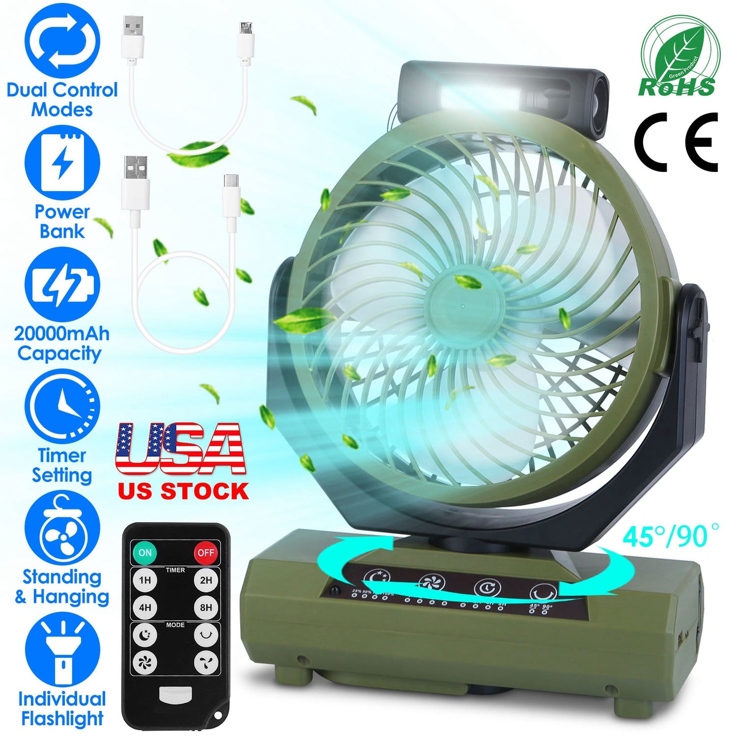 Rechargeable Camping Fan with Flashlight & Power Bank 20000mAh